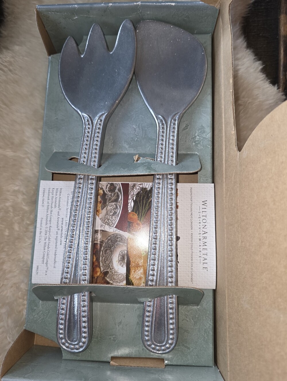 Wilton Armetale Flutes & Pearls Salad Serving Spoon & Fork Set Pewter Blend NIB